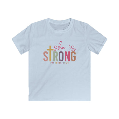 She Is Strong Kids Shirt – Proverbs 31:25 Christian Tee for Girls