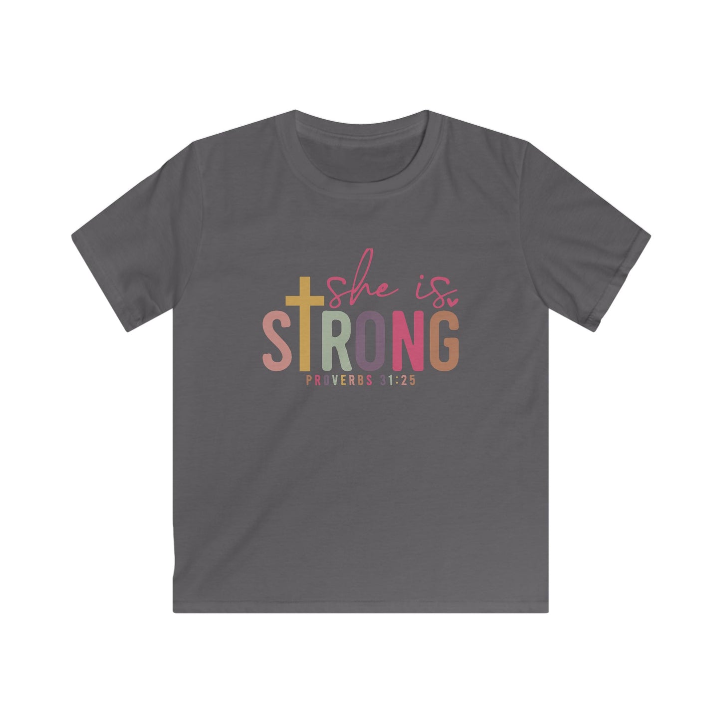 She Is Strong Kids Shirt – Proverbs 31:25 Christian Tee for Girls