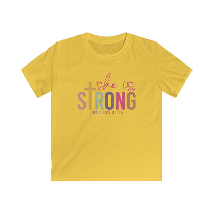 She Is Strong Kids Shirt – Proverbs 31:25 Christian Tee for Girls