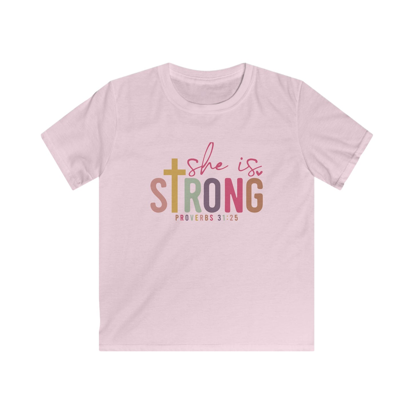 She Is Strong Kids Shirt – Proverbs 31:25 Christian Tee for Girls
