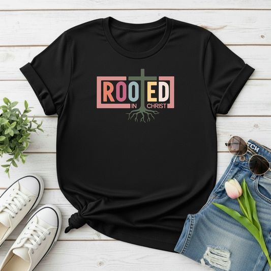 Black t-shirt with 'Rooted in Christ' design on a wooden surface with shoes and jeans.