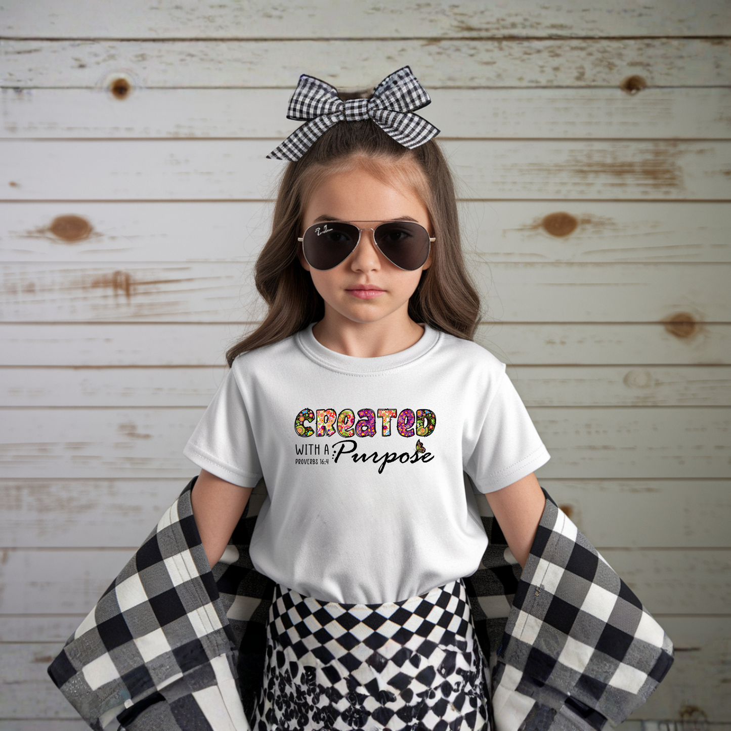 Young girl wearing a white t-shirt with text, sunglasses, and a checkered bow against a wooden background