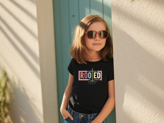 Child wearing sunglasses and a black t-shirt with colorful text, standing against a light-colored wall.