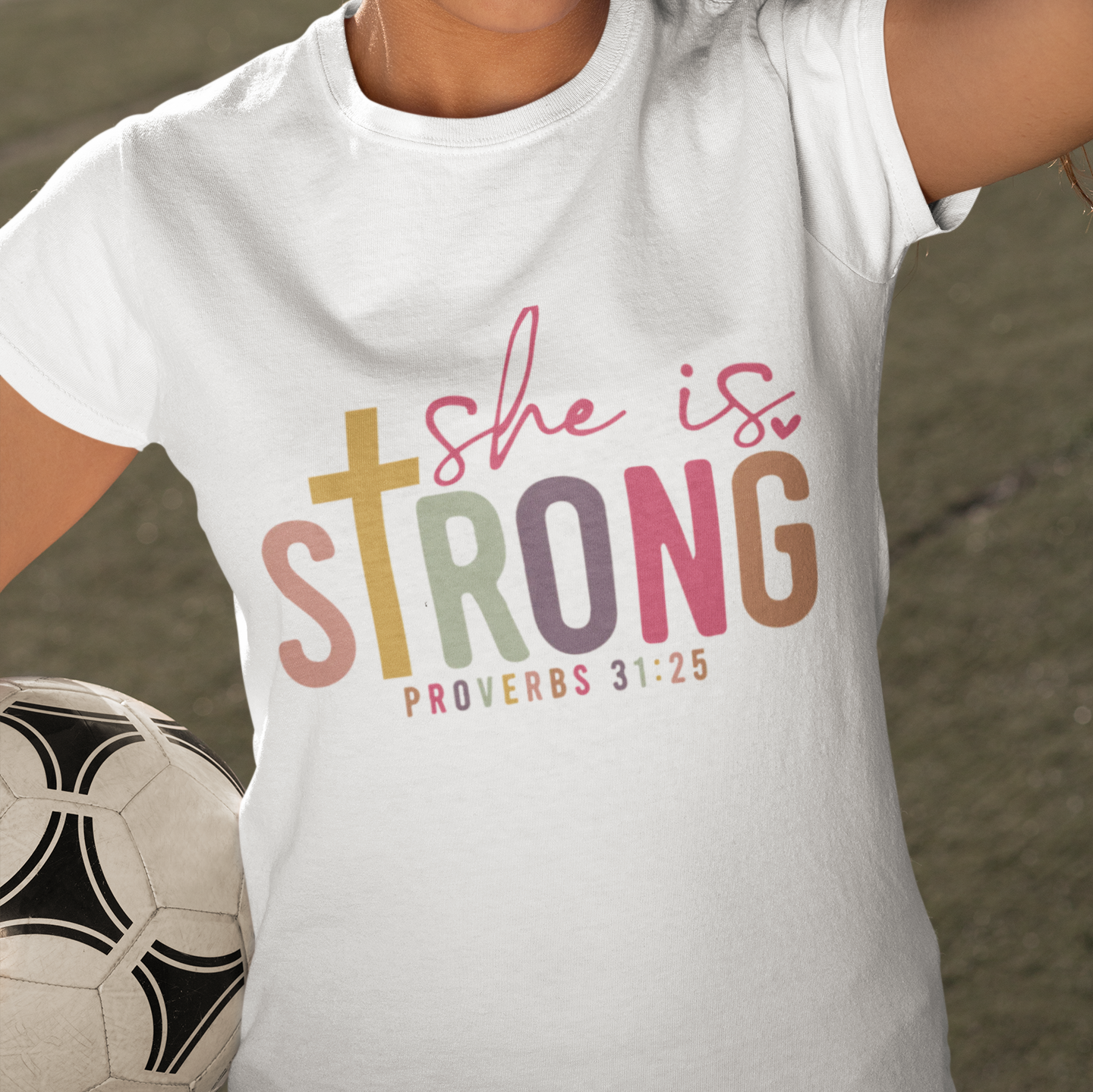 She Is Strong Kids Shirt – Proverbs 31:25 Christian Tee for Girls