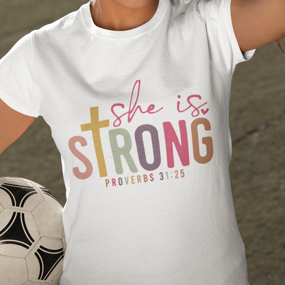She Is Strong Kids Shirt – Proverbs 31:25 Christian Tee for Girls