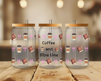 Coffee and Bible Time Glass Tumbler | Christian Coffee Cup with Bamboo Lid & Straw | Faith Gift for Women