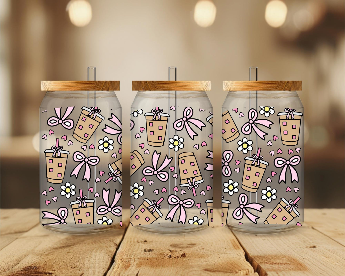 Cute Coffee Glass Cup with Bamboo Lid Straw, Bow & Heart Coffee Cup