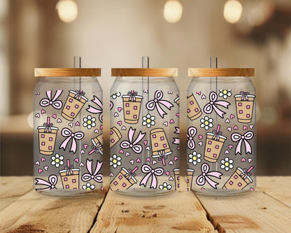 Cute Coffee Glass Cup with Bamboo Lid Straw, Bow & Heart Coffee Cup