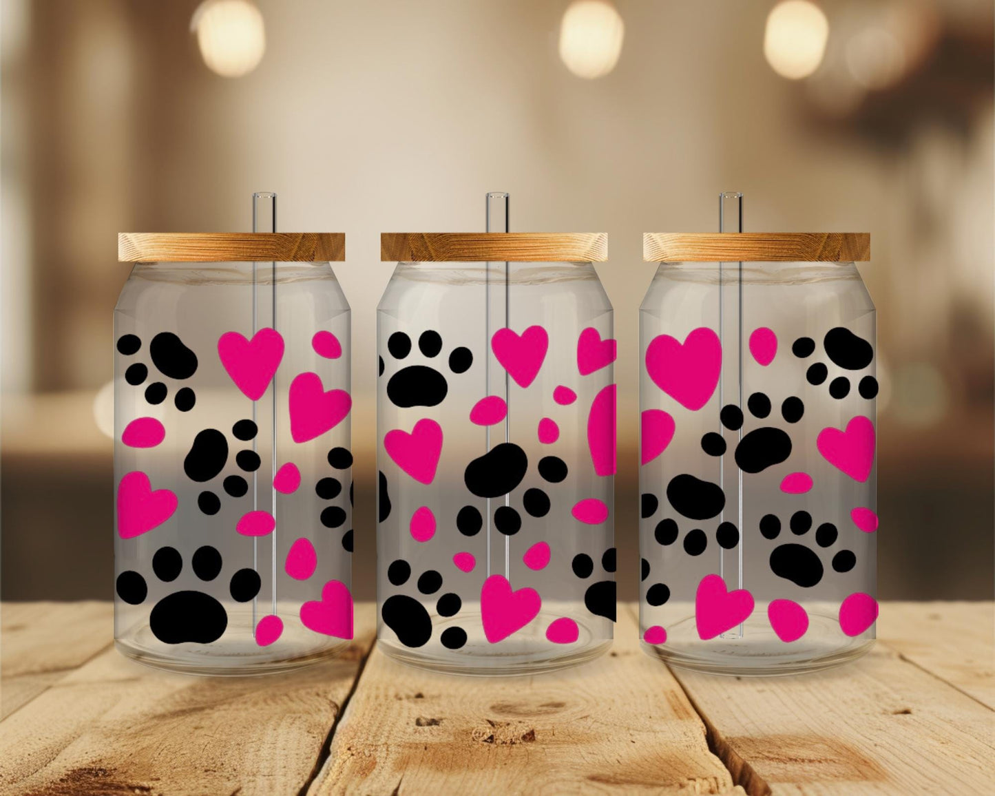 16 oz Heart Paw Print Glass Tumbler with Bamboo Lid, Straw