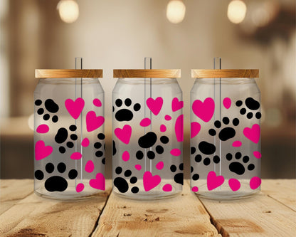 16 oz Heart Paw Print Glass Tumbler with Bamboo Lid, Straw