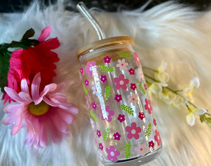 Pink Floral Glass Cup | Flower Iced Coffee Tumbler