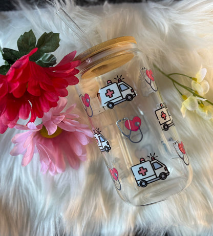 Cute Medical Ambulance Glass Cup | Iced Coffee Glass Tumbler