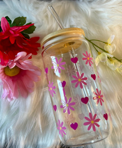 Pink Flower Glass Cup | Cute Iced Coffee Tumbler