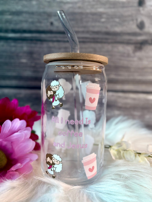 Cute Christian glass tumbler with “All I Need Is Coffee and Jesus” design, bamboo lid and straw, pastel aesthetic coffee cup