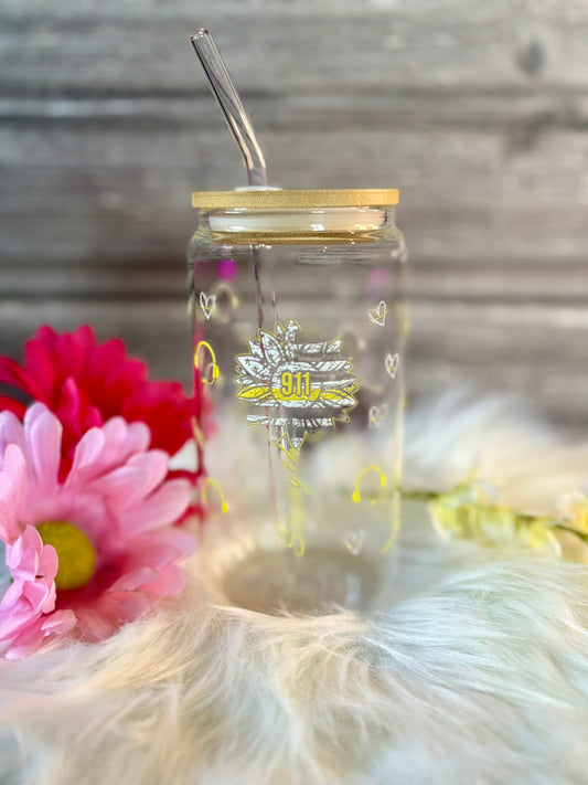 911 dispatcher glass tumbler with bamboo lid and straw featuring gold design and hearts for first responder gift