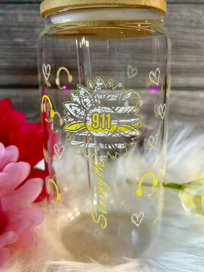 911 Dispatcher Glass Tumbler | EMS Coffee Cup with Bamboo Lid & Straw | First Responder Gift | 911 Operator Drinkware