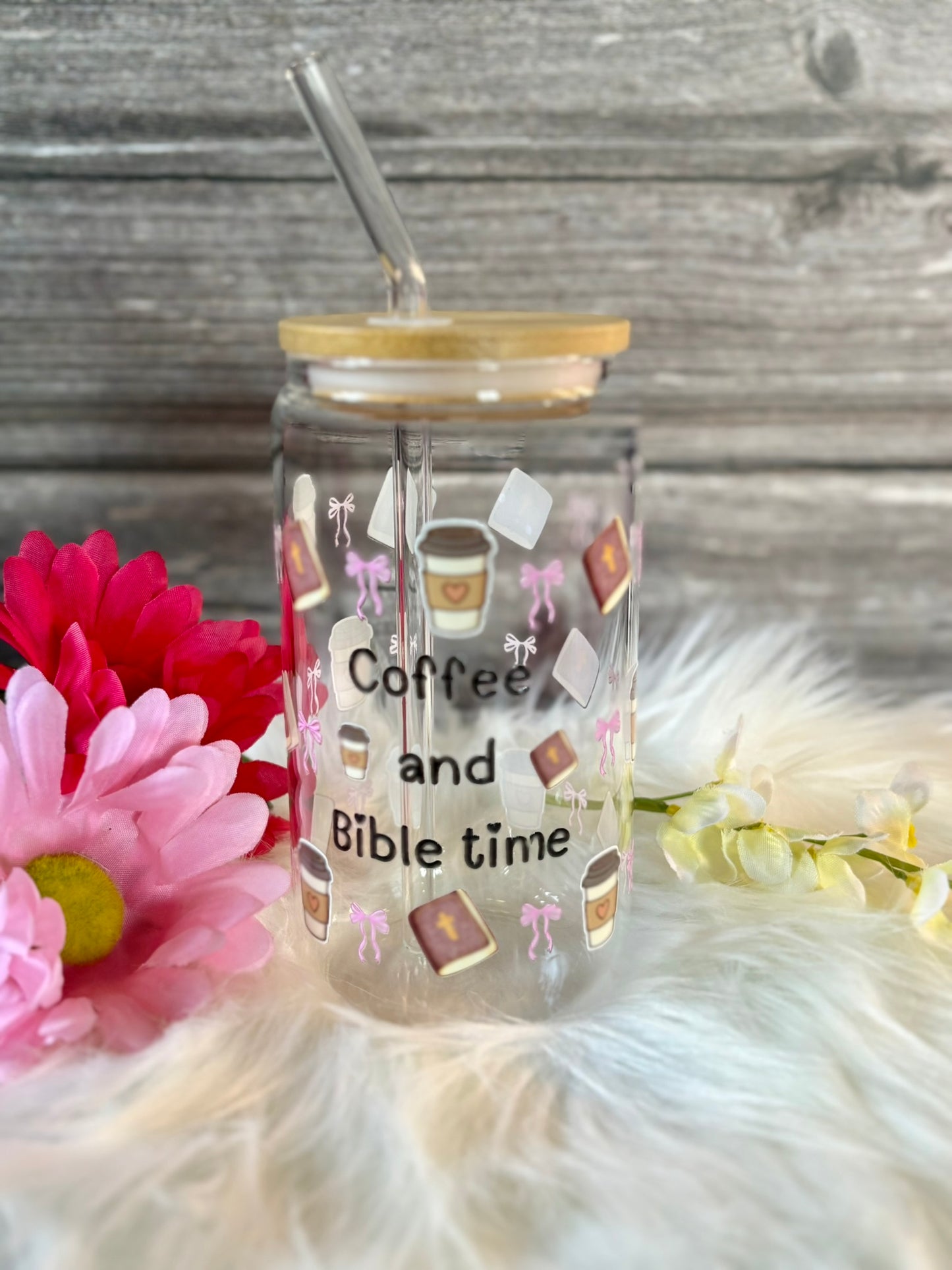 Christian coffee glass tumbler with “Coffee and Bible Time” design, bamboo lid and straw, perfect for faith-based morning routine