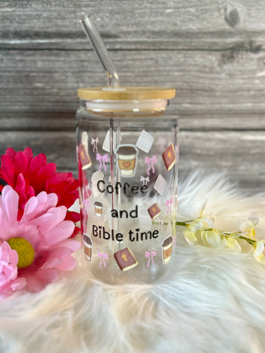 Christian coffee glass tumbler with “Coffee and Bible Time” design, bamboo lid and straw, perfect for faith-based morning routine