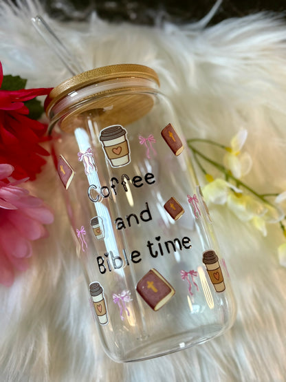 Coffee and Bible Time Glass Tumbler | Christian Coffee Cup with Bamboo Lid & Straw | Faith Gift for Women