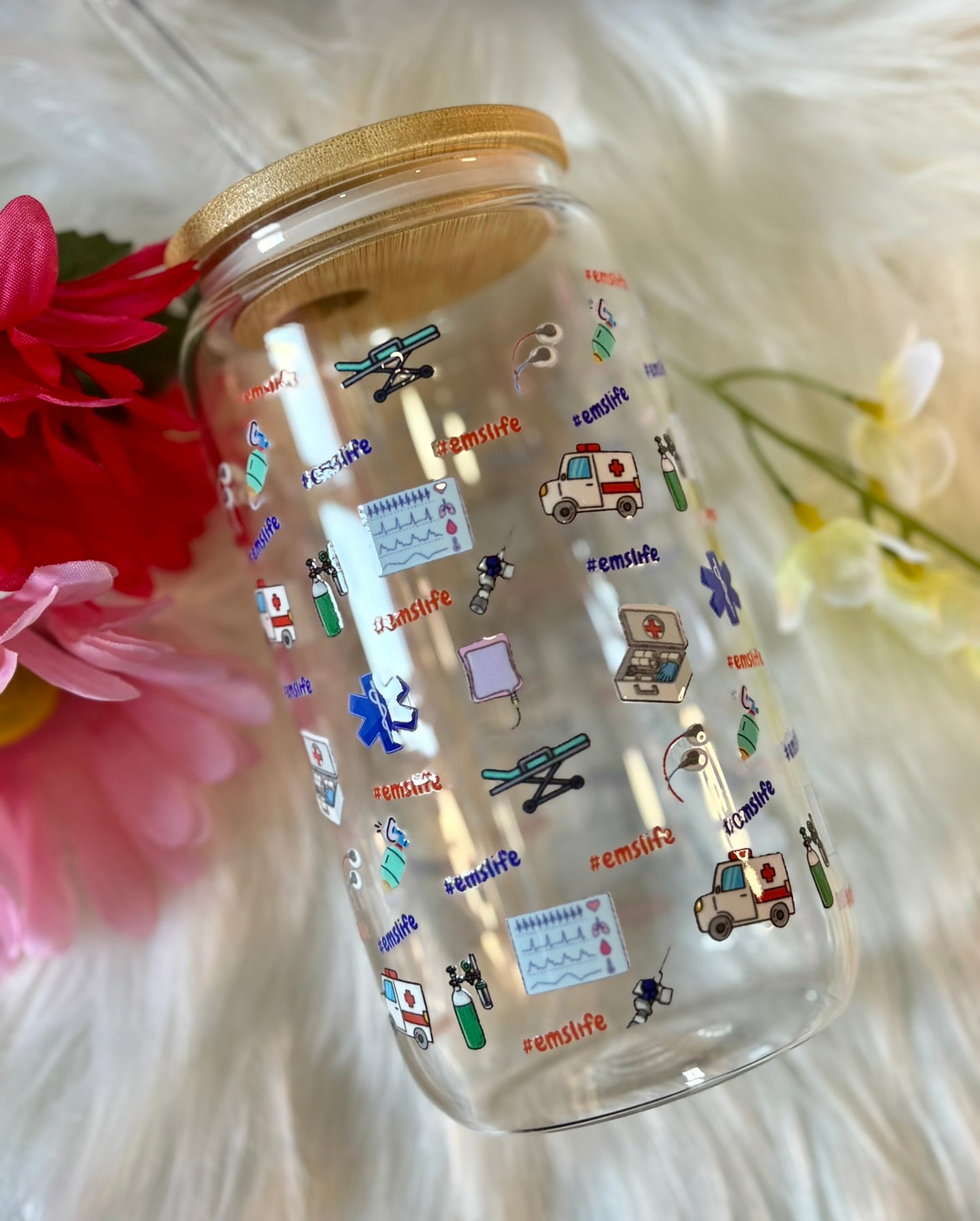EMS Life Glass Tumbler | Paramedic Cup with Bamboo Lid & Straw | EMT Gift | Medical Aesthetic Drinkware