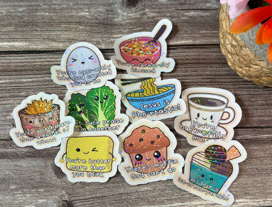 Funny Christian sticker pack with cute food puns and faith-based messages for kids, journals, and water bottles