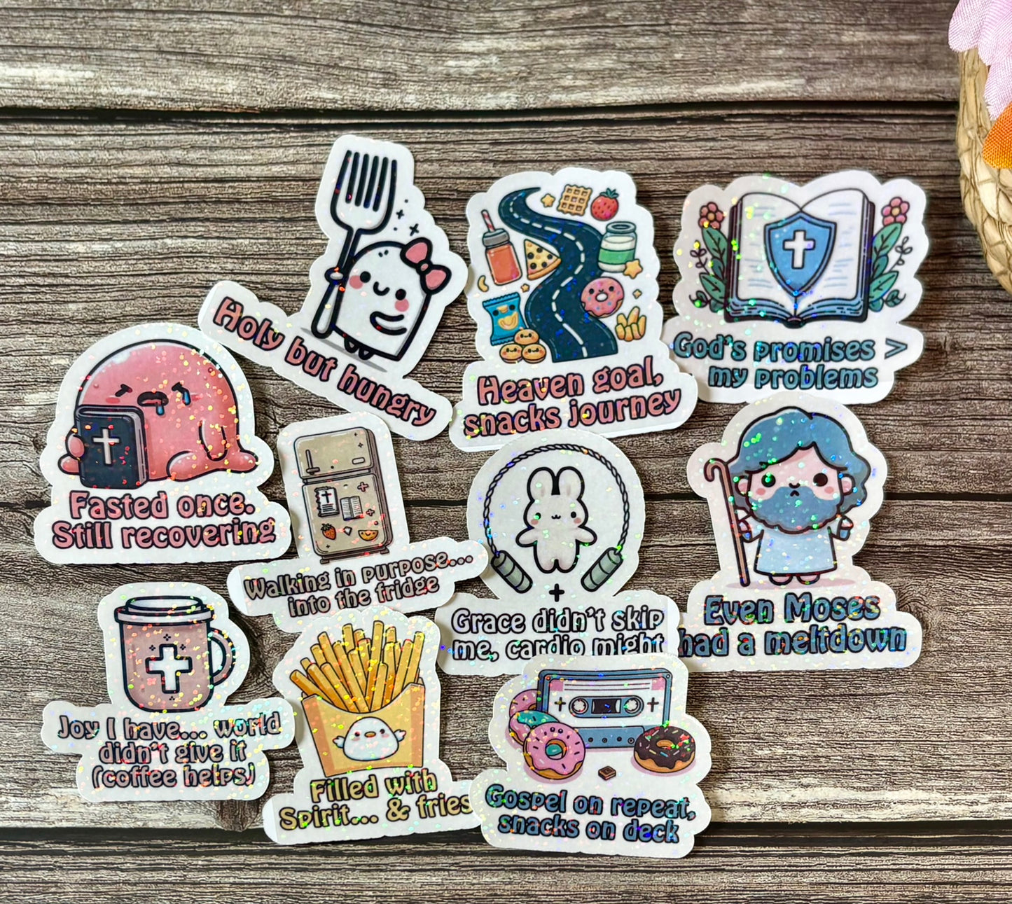 Funny Christian sticker pack with relatable faith humor and cute lifestyle designs for laptops and water bottles