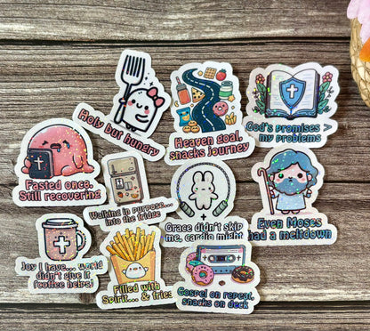 Funny Christian sticker pack with relatable faith humor and cute lifestyle designs for laptops and water bottles