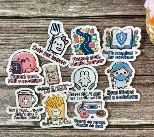 Funny Christian sticker pack with relatable faith humor and cute lifestyle designs for laptops and water bottles