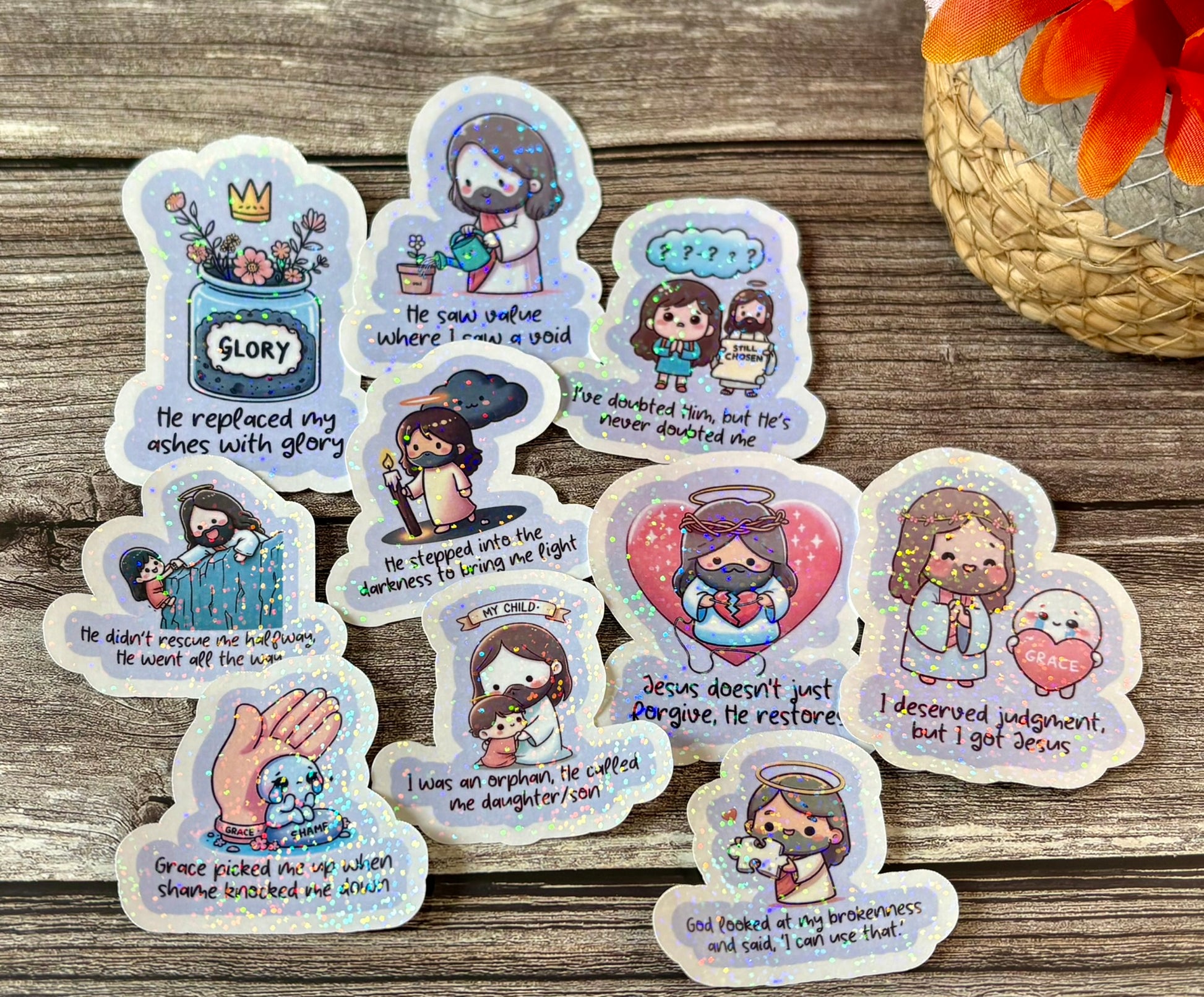 Christian healing sticker pack with faith-based quotes about grace, redemption, and restoration for journals and water bottles