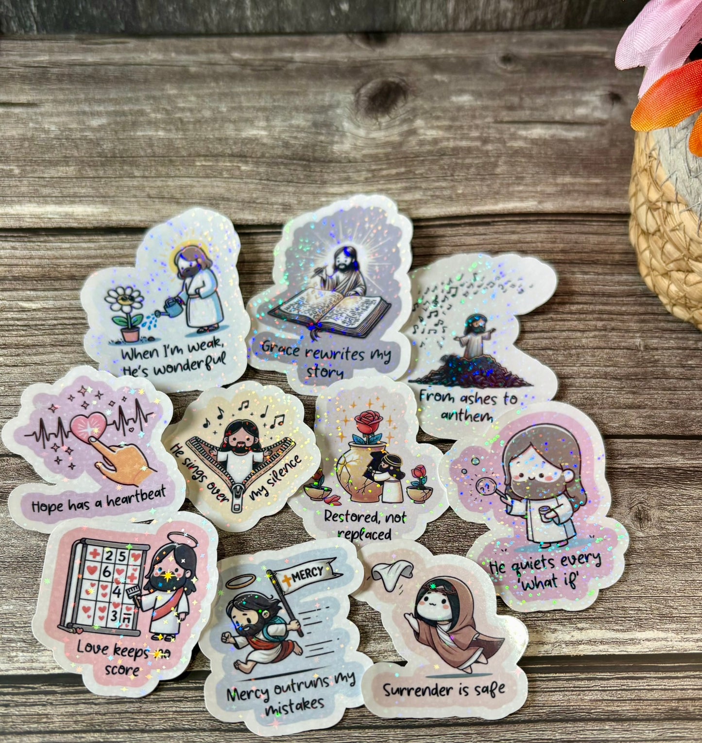 Christian encouragement sticker pack with healing faith quotes and soft aesthetic designs for journals and water bottles