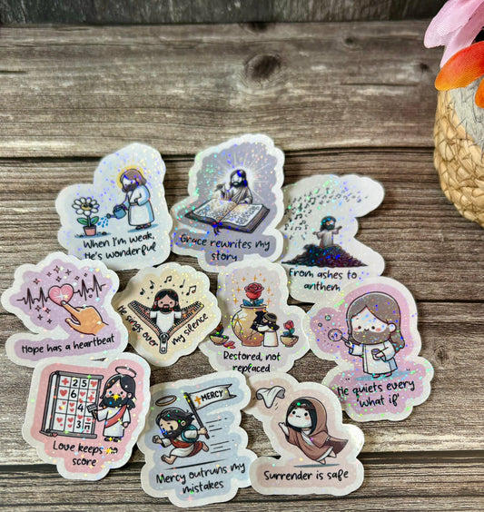 Christian encouragement sticker pack with healing faith quotes and soft aesthetic designs for journals and water bottles