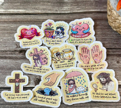 Christian gospel sticker pack with redemption and Jesus salvation quotes, faith-based designs for journals and water bottles
