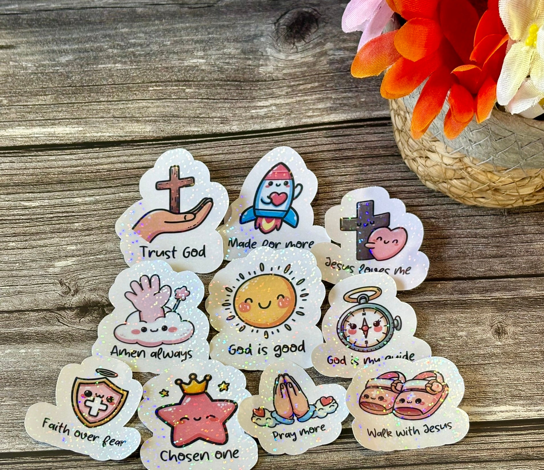 Cute Christian sticker pack with kawaii faith designs and Bible messages for kids, journals, and water bottles