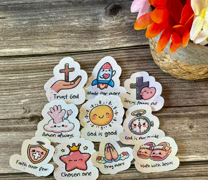 Cute Christian sticker pack with kawaii faith designs and Bible messages for kids, journals, and water bottles