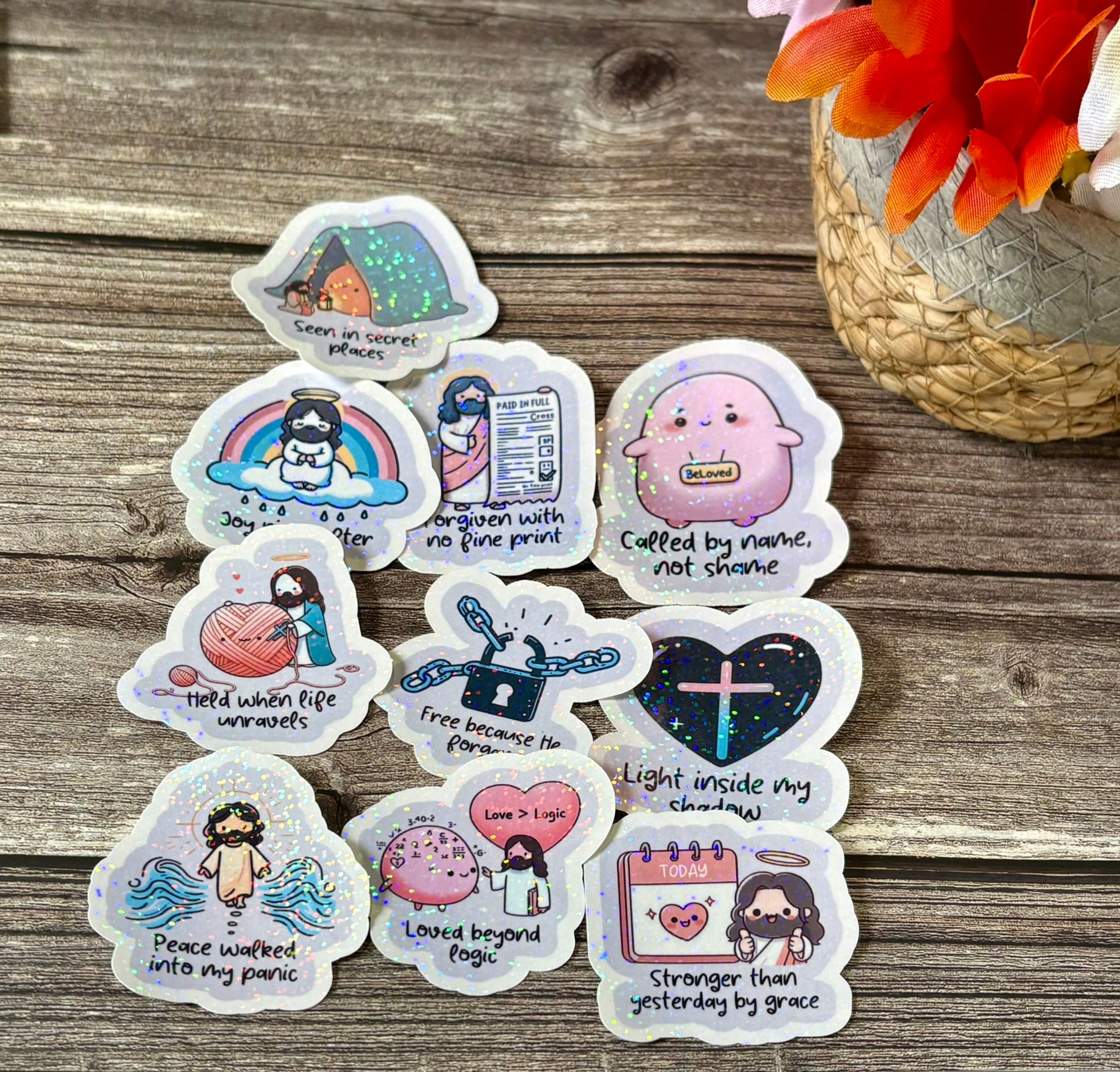 Christian identity sticker pack with faith-based quotes about being loved, forgiven, and redeemed for journals and water bottles