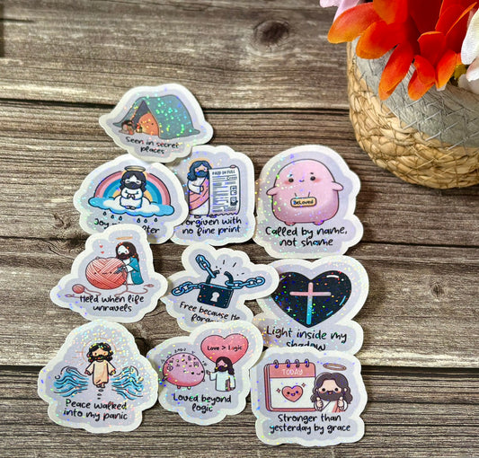 Christian identity sticker pack with faith-based quotes about being loved, forgiven, and redeemed for journals and water bottles