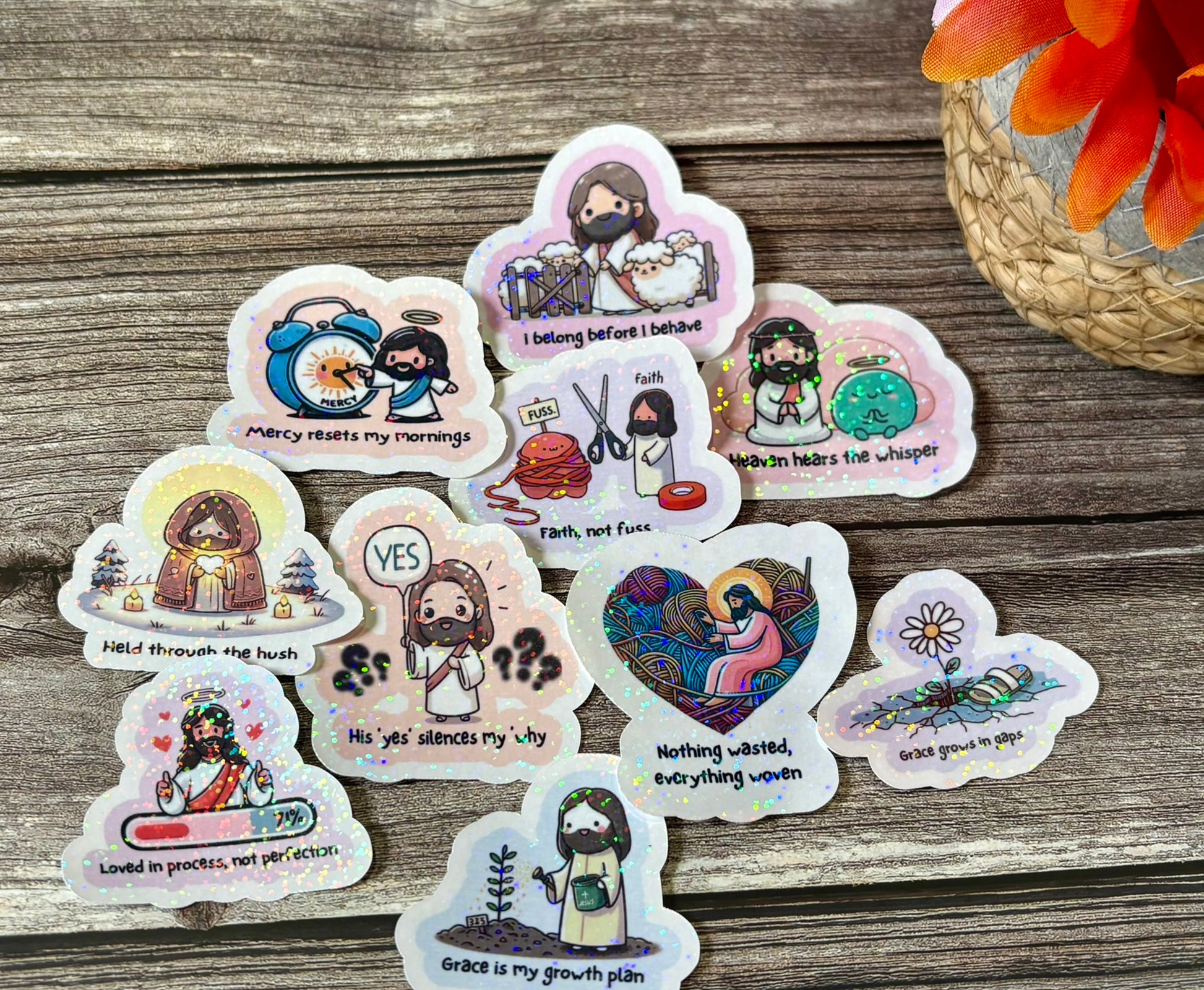 Cute Christian Jesus sticker pack with colorful faith-based quotes and illustrations for journals, laptops, and water bottles