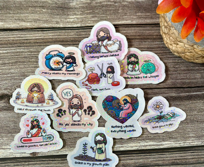 Cute Christian Jesus sticker pack with colorful faith-based quotes and illustrations for journals, laptops, and water bottles