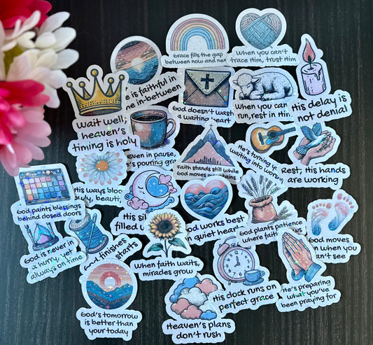 Christian faith sticker pack with quotes about trusting God’s timing in pastel aesthetic style