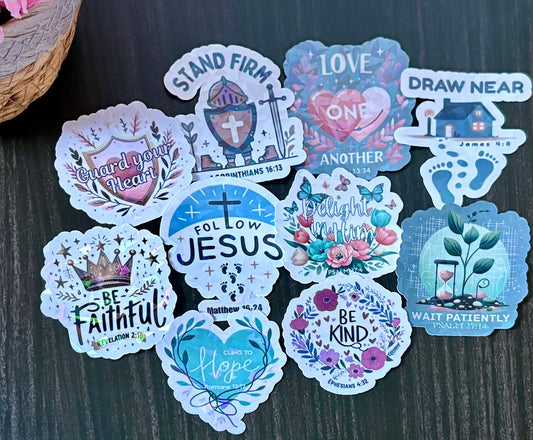 Pastel Christian faith sticker pack with Bible-inspired quotes, including crowns, rainbows, mountains, and inspirational phrases about trusting God’s timing