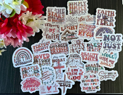 Bible verse sticker pack with inspirational Christian quotes and BOHO feminine aesthetic designs for journals and water bottles
