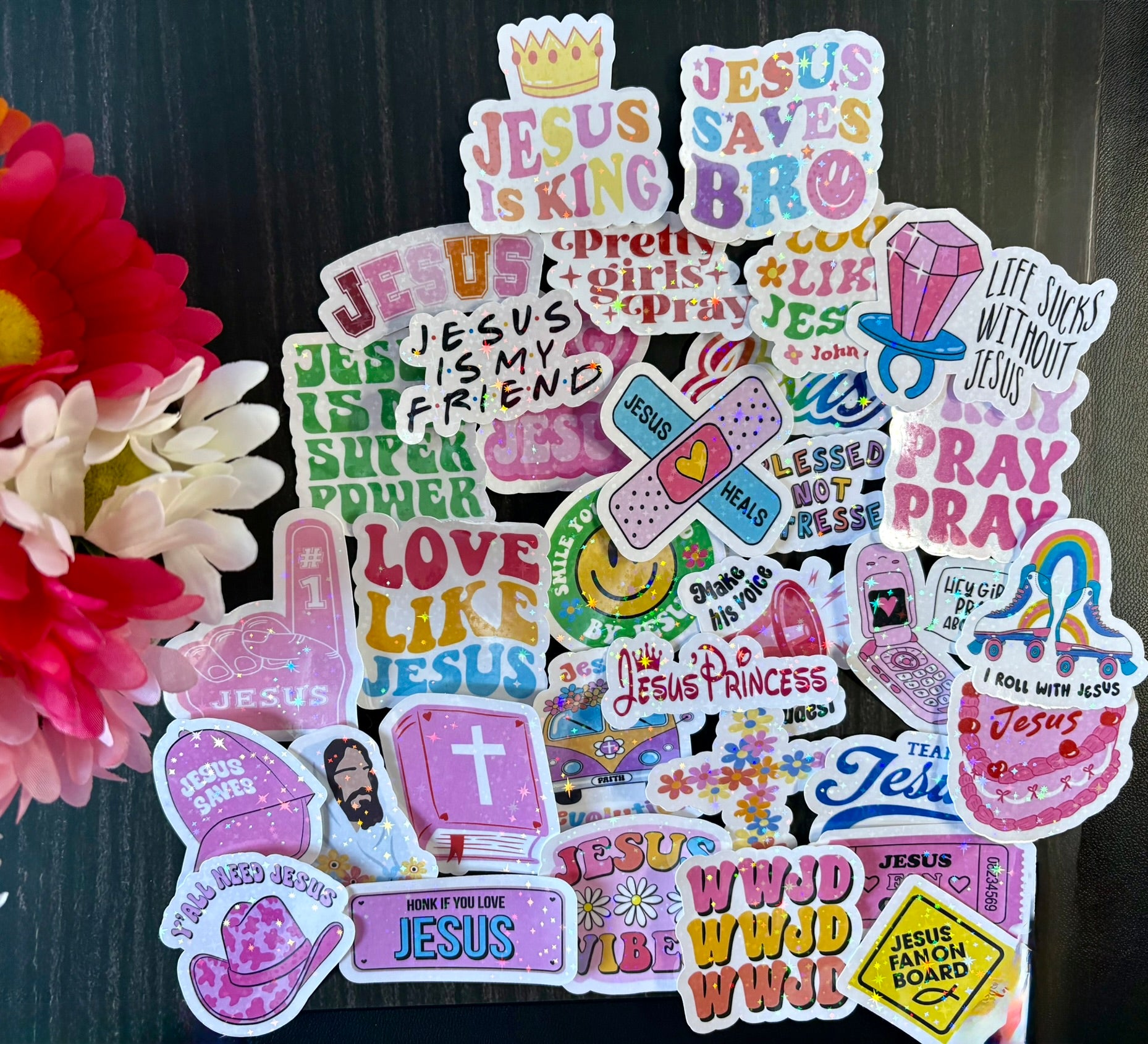Colorful trendy Christian sticker pack with Jesus quotes and faith designs for teens, laptops, and water bottles