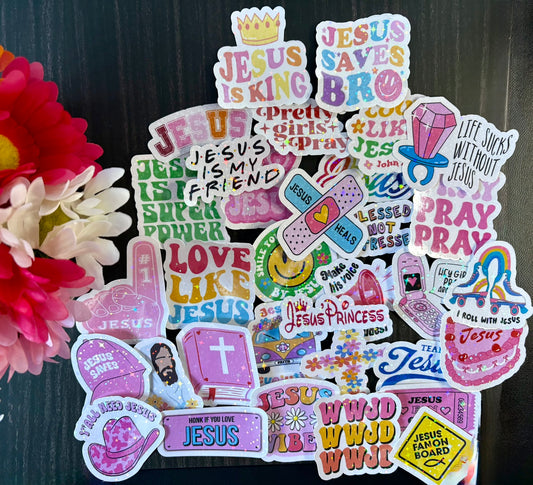Colorful trendy Christian sticker pack with Jesus quotes and faith designs for teens, laptops, and water bottles
