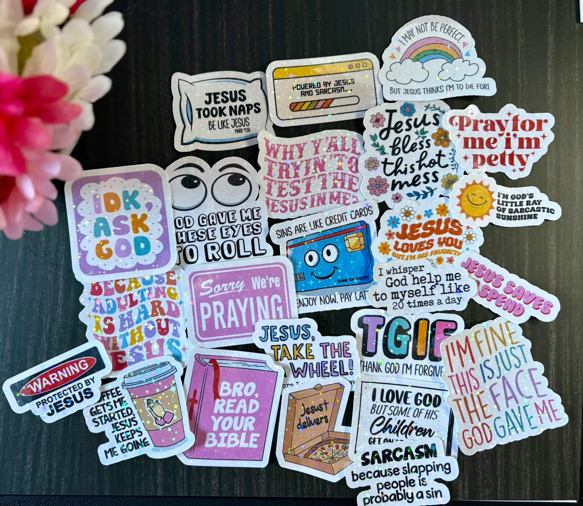 Alt Text

Funny Christian sticker pack with sarcastic Bible quotes and colorful faith-based designs for laptops and water bottles