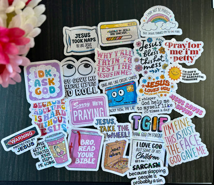Alt Text

Funny Christian sticker pack with sarcastic Bible quotes and colorful faith-based designs for laptops and water bottles