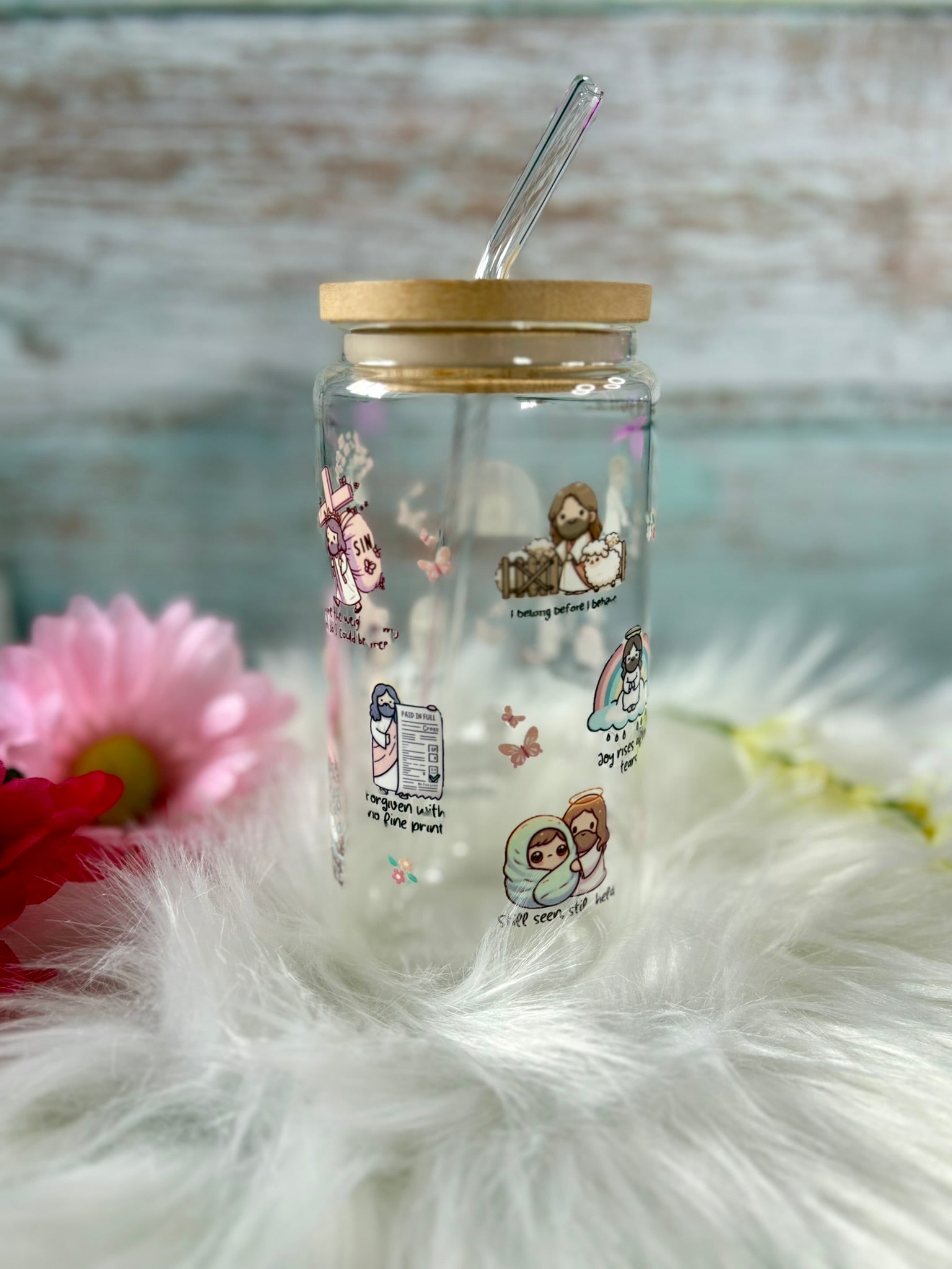 Christian glass tumbler with cute Jesus and faith designs, bamboo lid and straw, aesthetic gift for women