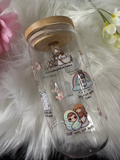 Christian Glass Tumbler | Cute Faith Cup with Straw | Jesus Aesthetic Drinkware | Bible Gift for Women