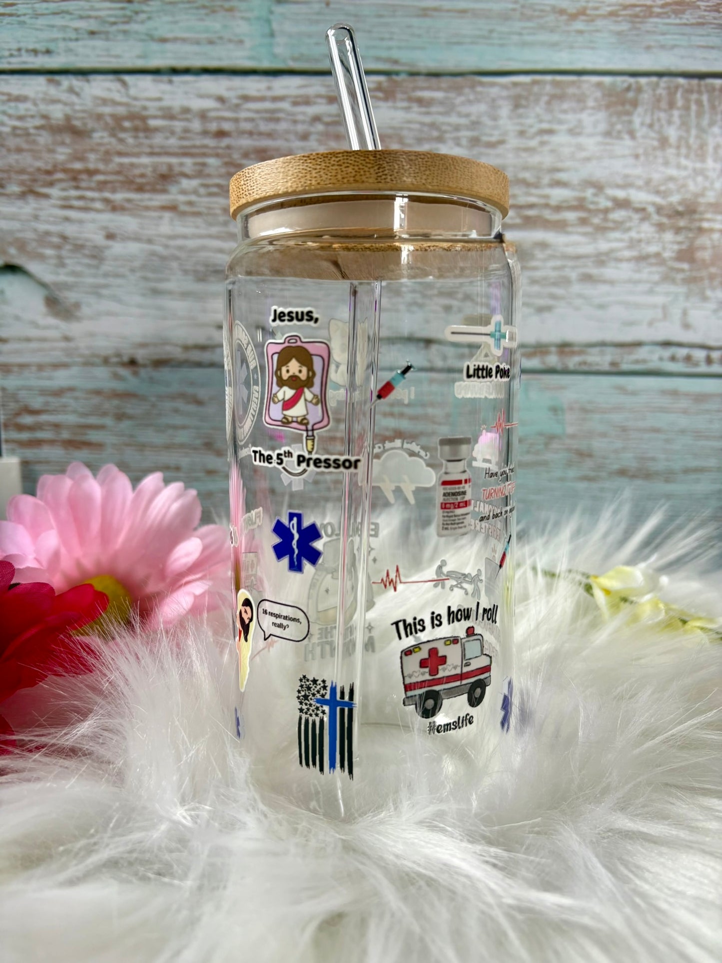 EMS themed glass tumbler with Christian designs, bamboo lid and straw, perfect gift for paramedics and EMTs