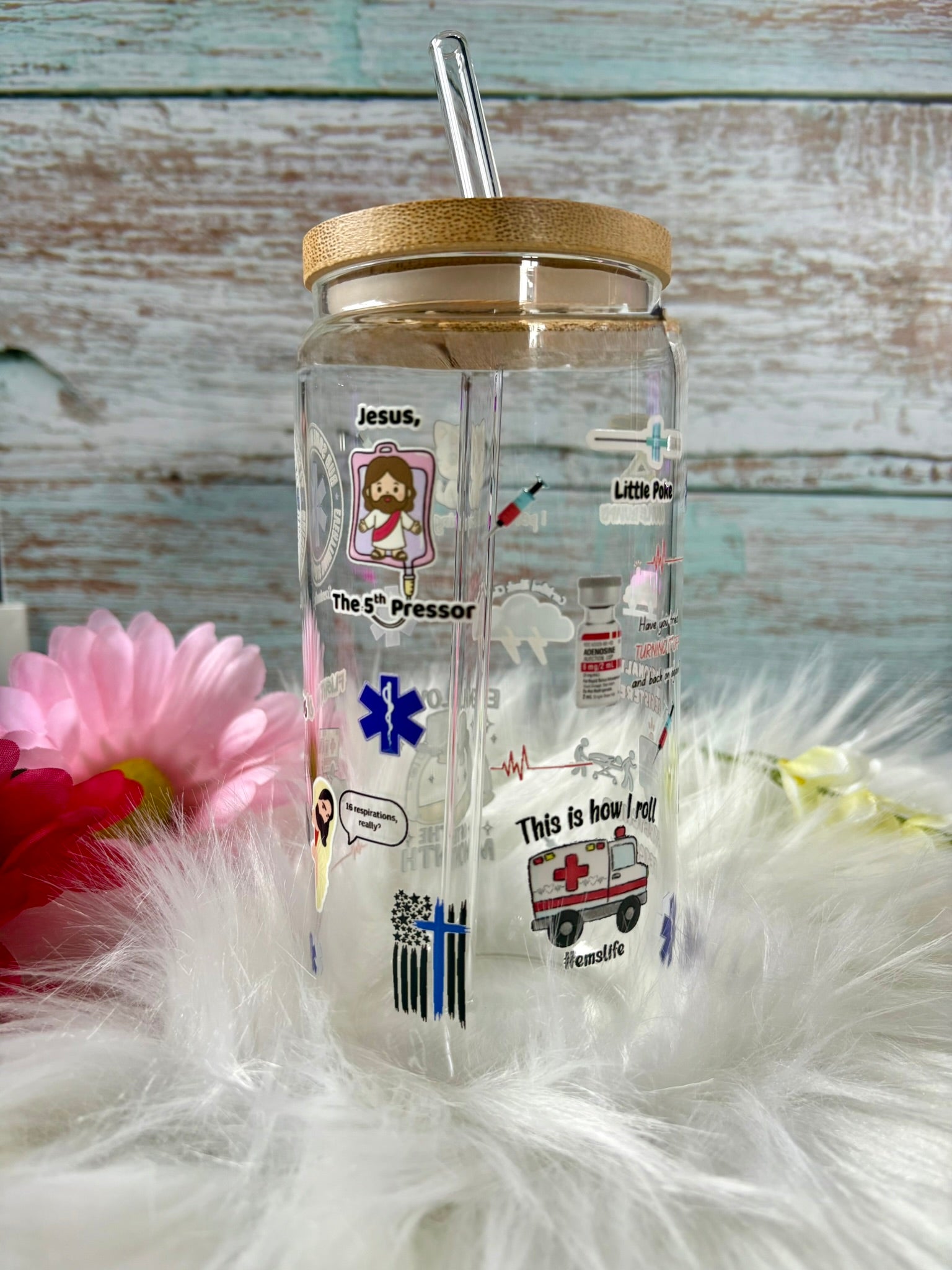 EMS themed glass tumbler with Christian designs, bamboo lid and straw, perfect gift for paramedics and EMTs