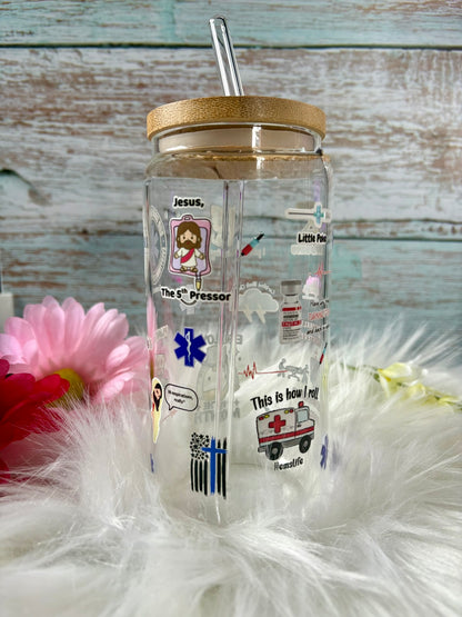 EMS themed glass tumbler with Christian designs, bamboo lid and straw, perfect gift for paramedics and EMTs